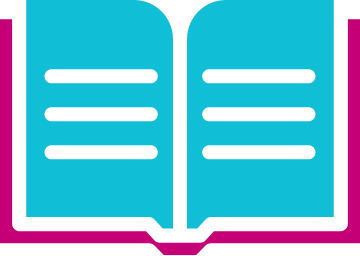 Icon of an open book with bright teal pages and a bright pink rim